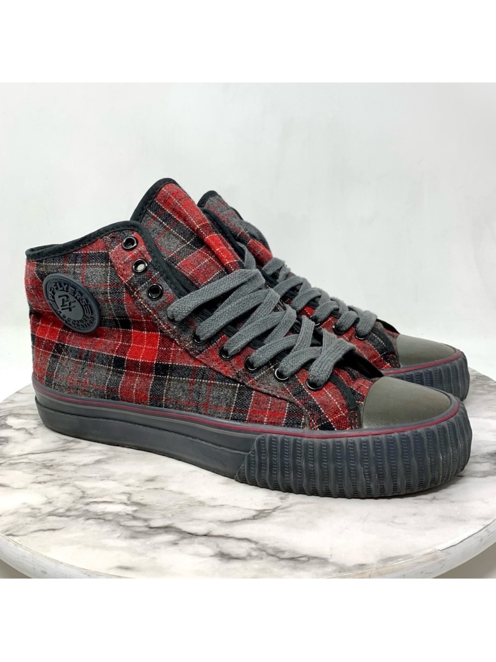 PF Flyers Hi Reissue Red/Gray Plaid Flannel Sneakers Unisex 9-MNS/10.5-WMS Skate